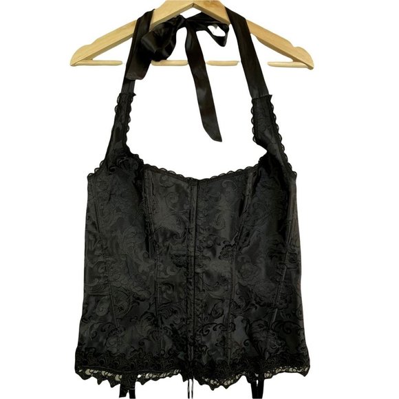 Frederick’s Other - Frederick’s Womens Corset Top Black Floral Lace Halter Neck Tie L 40